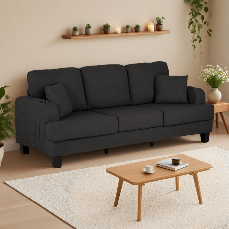 84.25" Modern 3-Seat Upholstered Square Arm Sofa with Cup Holders, Pockets, and USB Prots, Beige Fabric