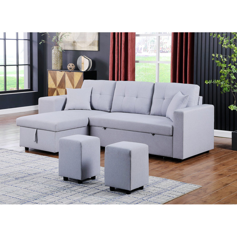 Canapé-lit modulaire réversible avec 2 tabourets Palice Renaissance Revival, 100 % lin gris foncé, Orienté à droite
