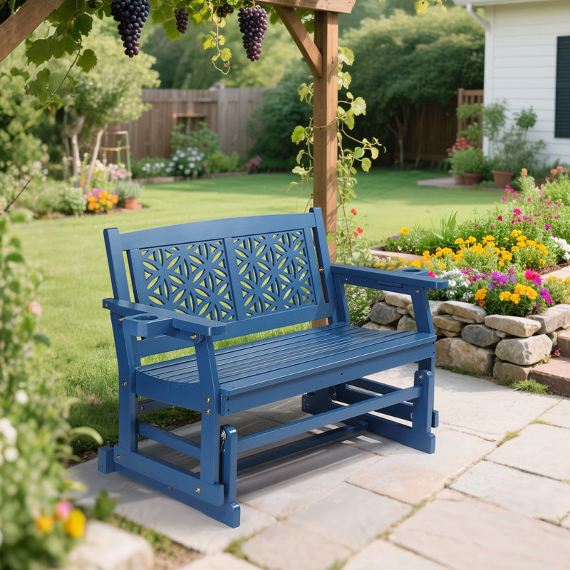 Banc oscillant en bois de sapin à double assise avec dossier floral, Bleu