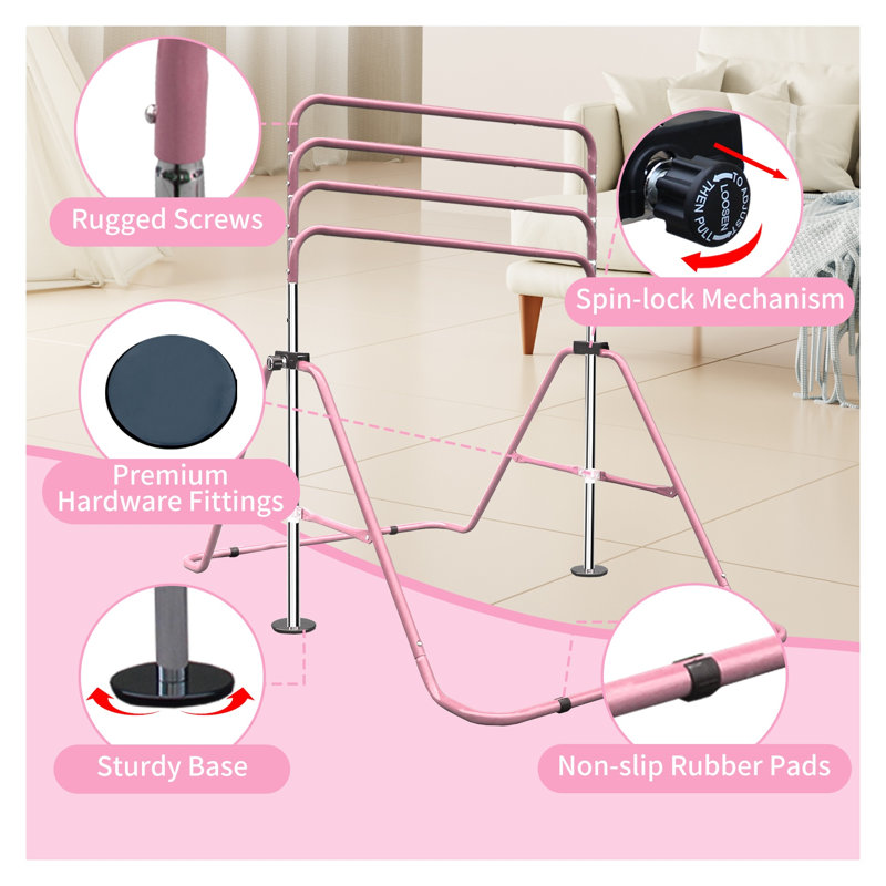 Barre de gymnastique extensible à hauteur réglable pour enfants - Station d'entraînement en fer rose