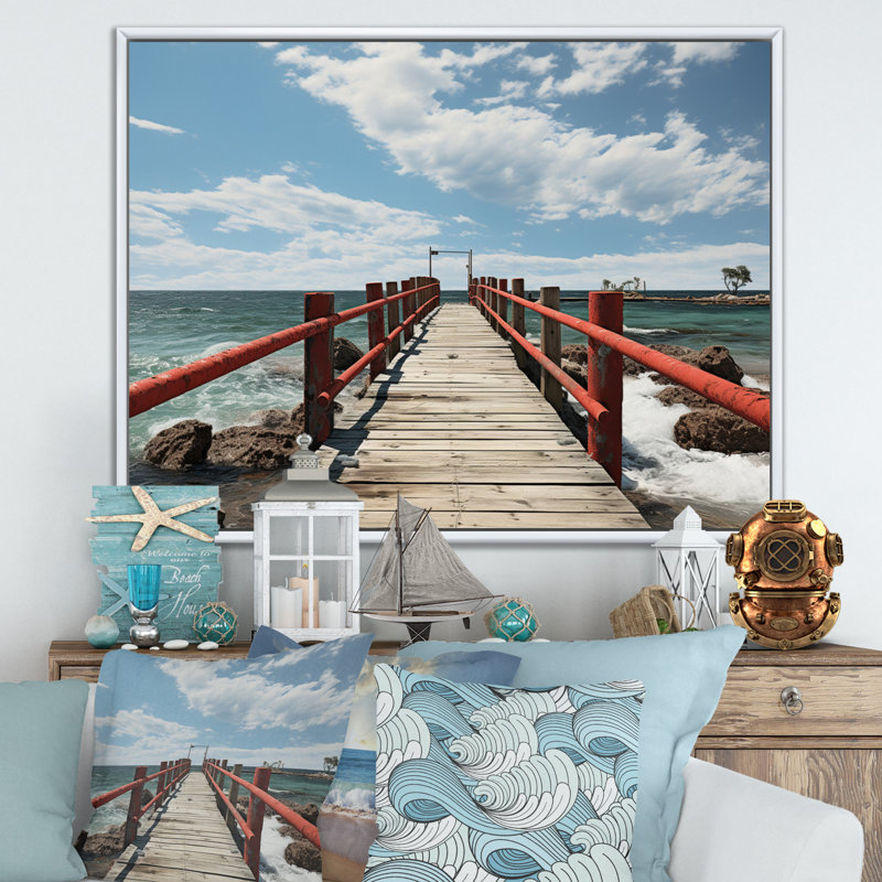 Tyris Beach Pier Point de vue noir sur toile, H 16 po x l 32 po x P 1 po, Cadre flottant blanc