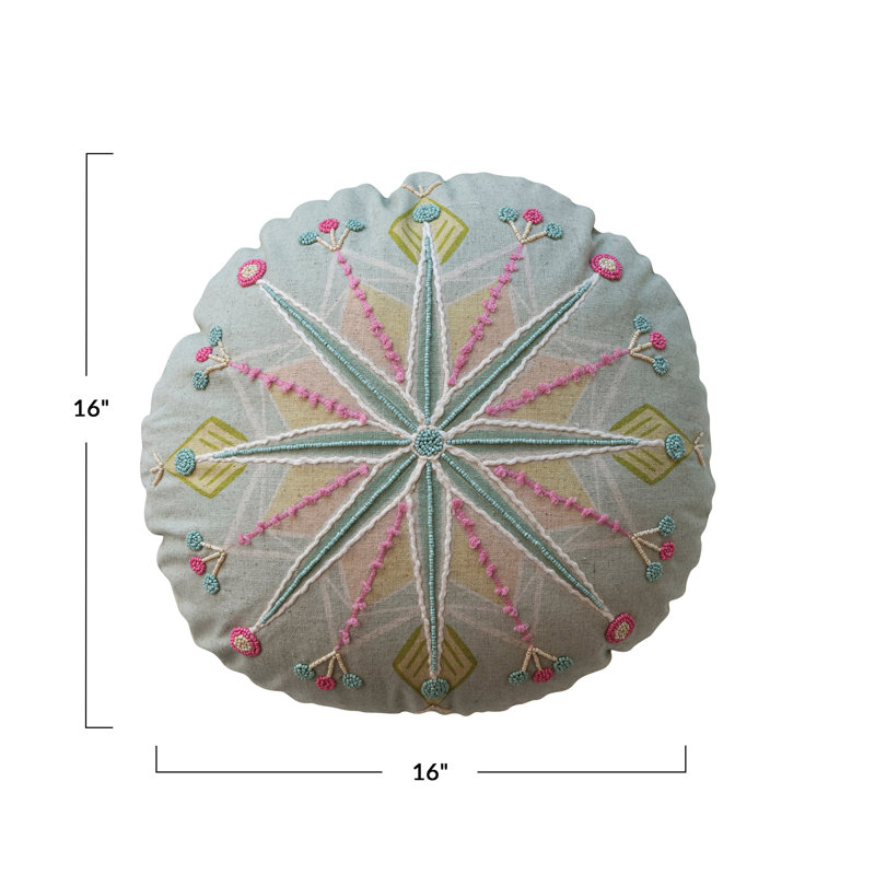 Multicolor Round Cotton Embroidered Snowflake Pillow with Beads