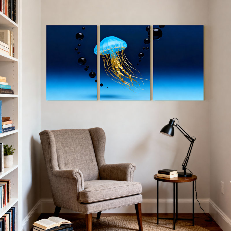 Méduse flottant avec bulles dans l'océan bleu, ensemble de 3 impressions sur toile, H 30 po x l 60 po