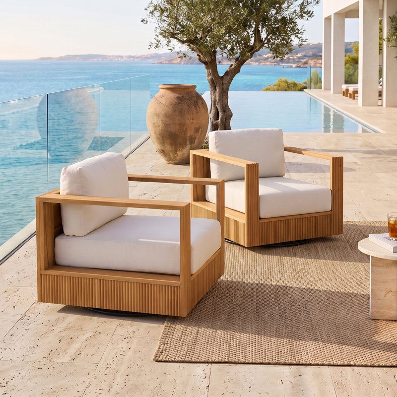 Fauteuil pivotant d'extérieur en bois de teck 2 pièces avec coussins, Oui