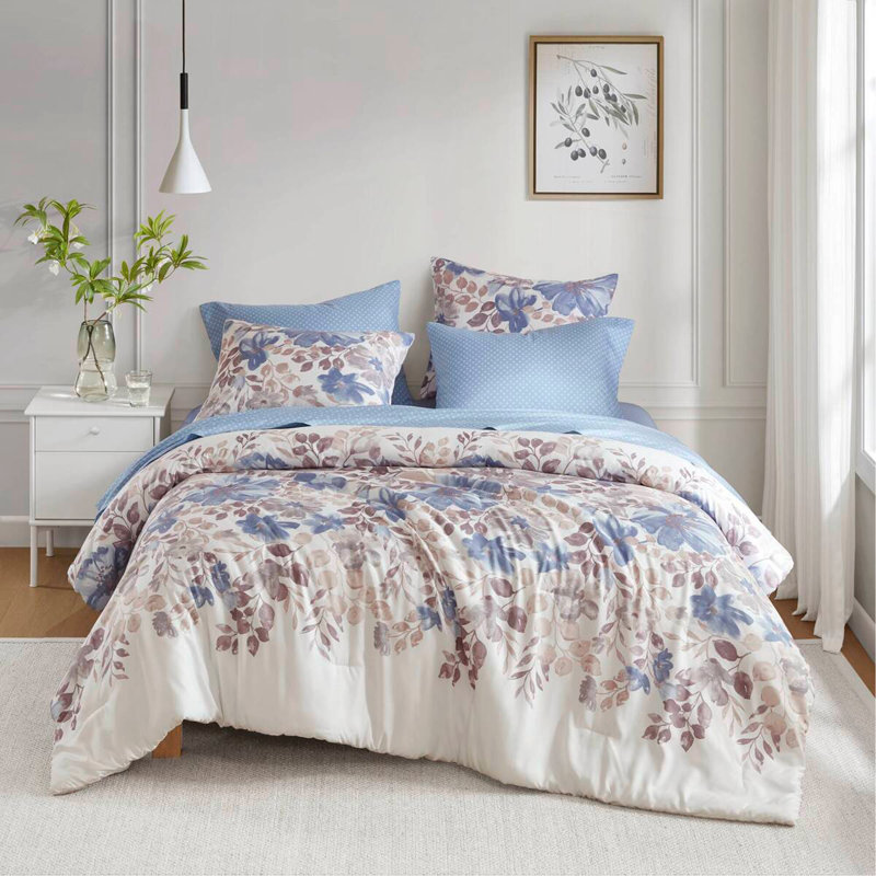 Ensemble d'édredon floral avec draps Blue Queen, Motif floral bleu, Grand édredon et 6 pièces supplémentaires