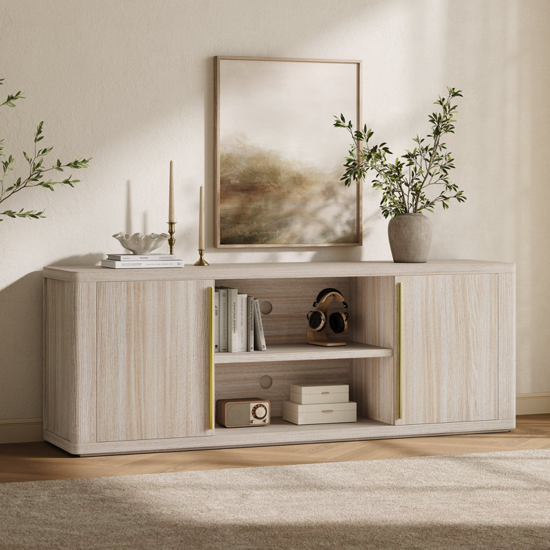 Meuble télé 65 po pour téléviseur de 70 po ou moins, console multimédia avec plateau de 1,2 po d'épaisseur, buffet avec tablette ouverte réglable et 2 armoires de rangement, chêne beige pour le salon et la chambre à coucher