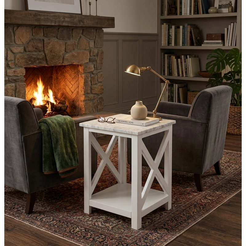 Table de bout carrée en marbre blanc de Carrare de 15,8 po Elena