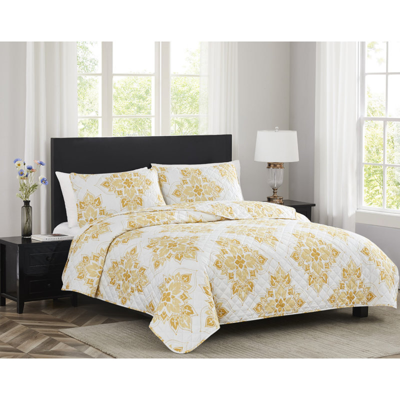 Ensemble de courtepointe en microfibre Melrose, Courtepointe pour grand lit + 2 taies décoratives, Orange damassé