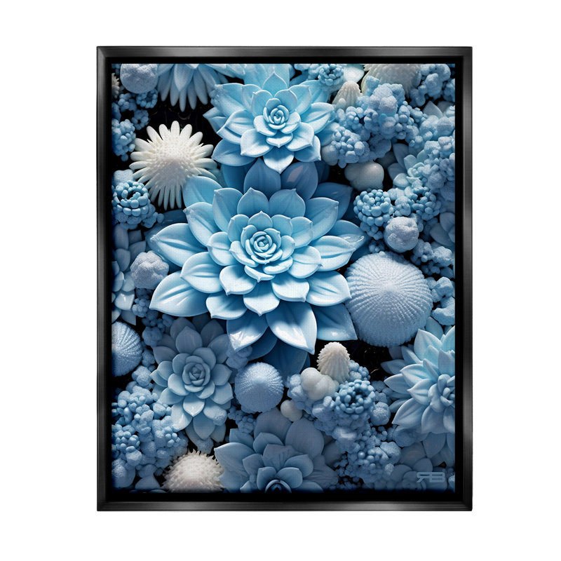 "Blue Patterned Succulents" par RB sur toile, Cadre flottant noir de jais, H 21 po x l 17 po