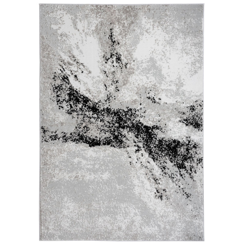 Tapis noir / ivoire / gris en polyester tissé à la machine Elek, Rectangle 9 pi 6 po x 12 pi 10 po