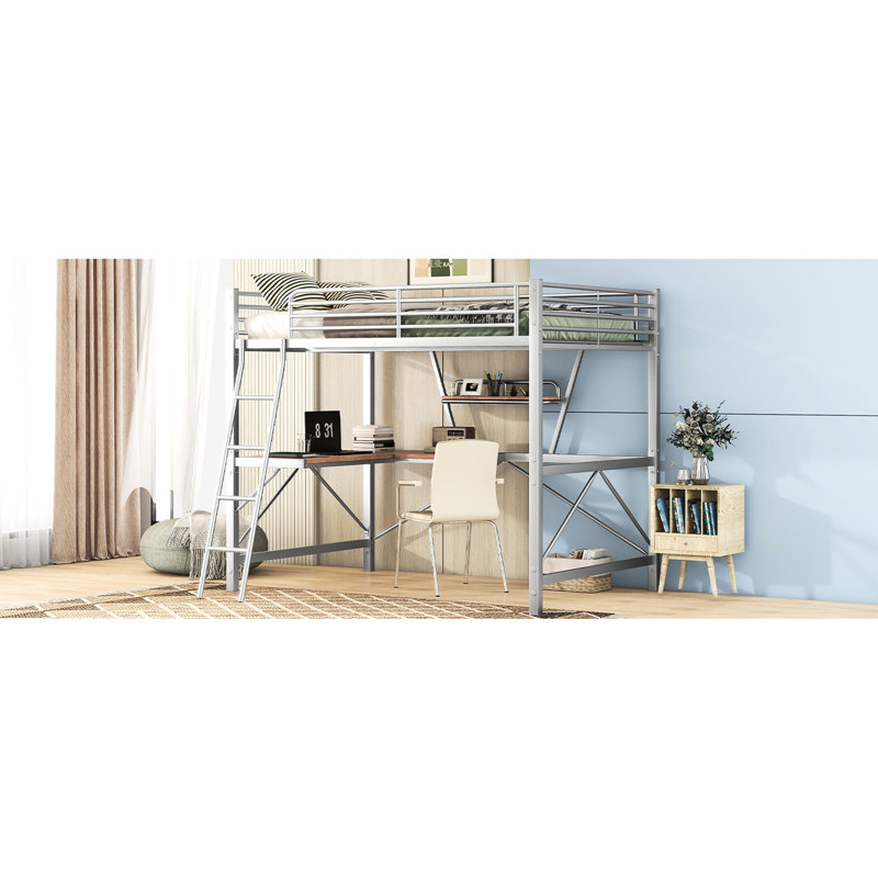 Lit mezzanine argenté en métal avec bureau et tablette - robuste et sécuritaire, aucun sommier requis