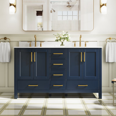 Freestanding 60" W x 35" H Solid Wood Bathroom Vanity With Carrara White Cultured Marble Countertop And Ceramic Double Sink,Navy Blue