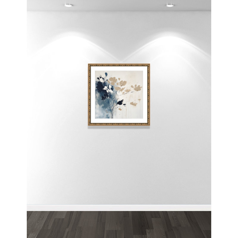 «Bliue Earthly Neutralité I» par Irena Orlov, L 28,5 po x H 28,5 po, Imprimé mat, Perles de feuilles dorées