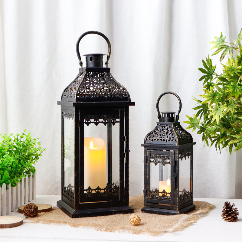  Set of 2 Decorative Candle Lanterns Vintage Hanging Lantern, Black