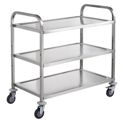 Chariot de cuisine, 3 niveaux, chariot à roulettes en métal d'une capacité de 450 lb, chariot de service en acier sur roulettes, chariot de rangement en métal avec poignée incurvée à poignée courbée de 80 mm et 6 crochets, pour une utilisation intérieure et extérieure