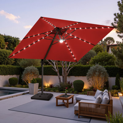 11x 11 Ft Square Patio Cantilever Umbrella with Led Lights and Weighted Base