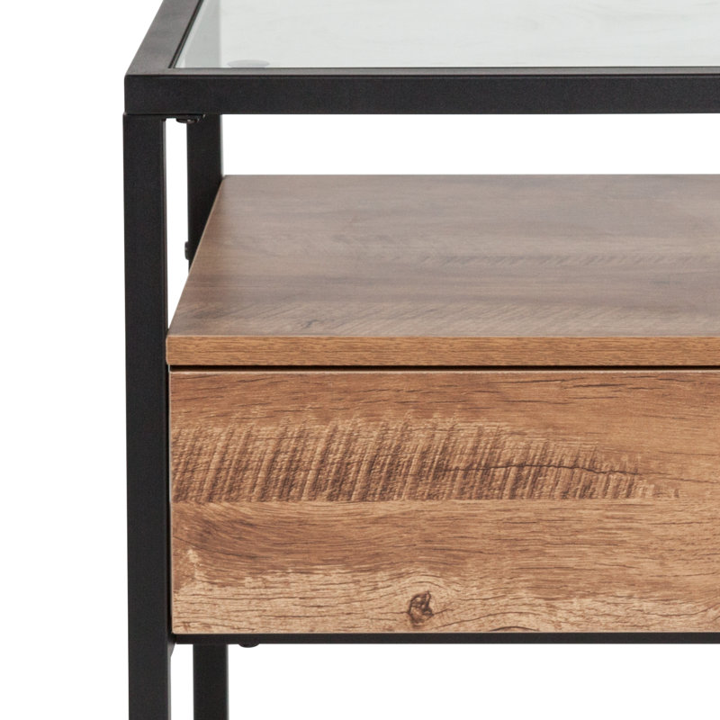 Glass Coffee Table with Drawer and Shelf in Wood Grain Finish
