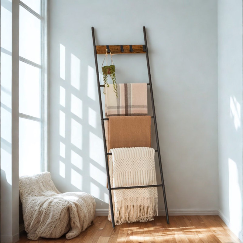 Towel Blanket Ladder Shelf Rack With Hooks
