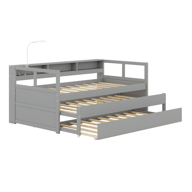 Daybed With 2 Trundles, Storage Shelves, 1 Light For Free And USB Charging Design, Gray