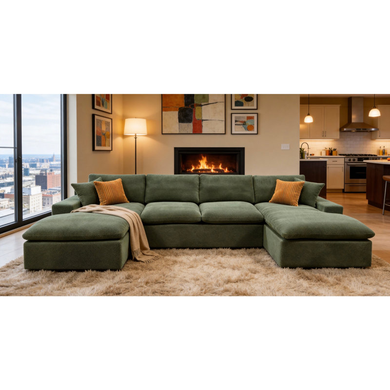 Upholstered Full Compressed Sectional, Dark Green