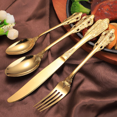 4 pièces de coutellerie en acier inoxydable, ensemble de vaisselle plaqué or de haute qualité, ensemble de 4 pièces de vaisselle rétro, ensemble de vaisselle de luxe gravée