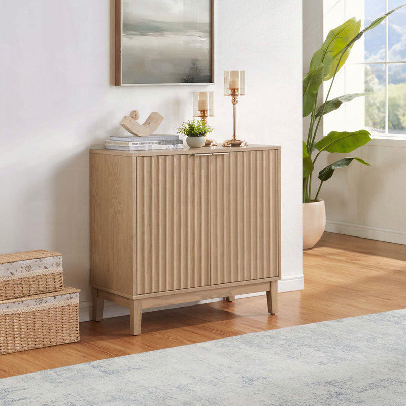 2-Door Storage Cabinet with Fluted Doors and Brass Handles Wood Finish