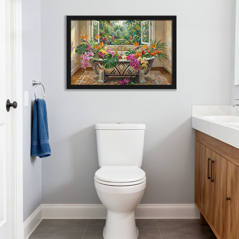 Motif floral de jardin tropical, H 12 po x l 18 po, Grain de bois clair, Cadre photo unique