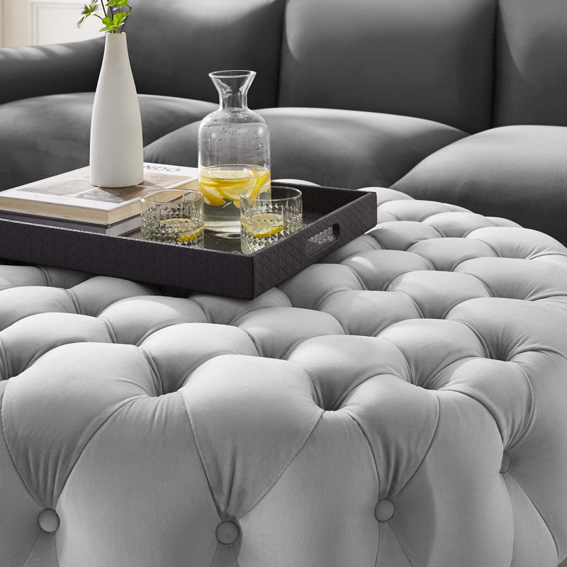 Luxurious Amour 40'' Light Gray Tufted Velvet Round Ottoman
