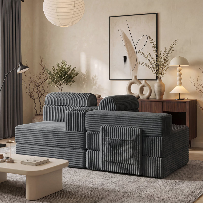 Sisler 71" Boneless Sofa Upholstered Corduroy Couch Sleeper, Gray Corduroy