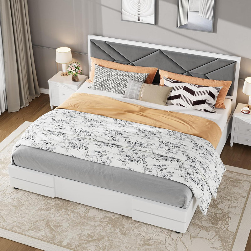 White Upholstered Platform Bed Frame with Fabric Headboard, No Box Spring Needed, Sturdy Wood Slats Support, Easy Assembly, Modern Style for Bedroom