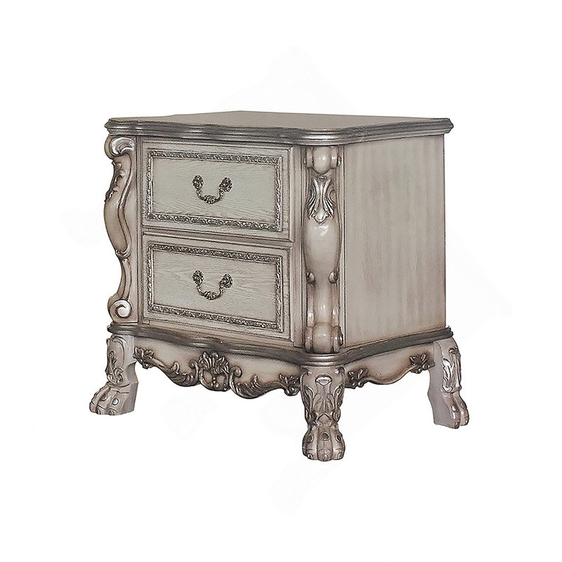 Table de chevet traditionnelle avec 2 tiroirs, table de chevet simple en bois, Blanc antique