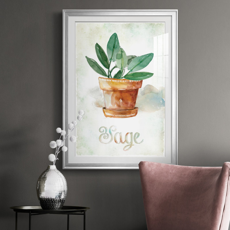 Sauge en pot - peinture sur toile encadrée, H 36,5 po x l 26,5 po x P 1 po, Argent
