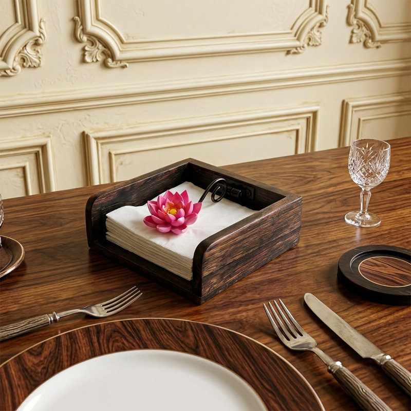 Wooden Napkin Holder with Lotus Flower Weighted Arm, Rustic Wood Napkin Holder 
