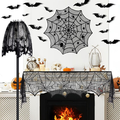 5-Piece Halloween Spider Web Décor Set with Mantel Scarf, Table Runner, Round Table Cover, Spider Lampshade & 3D Bats, Black Gothic Decorations