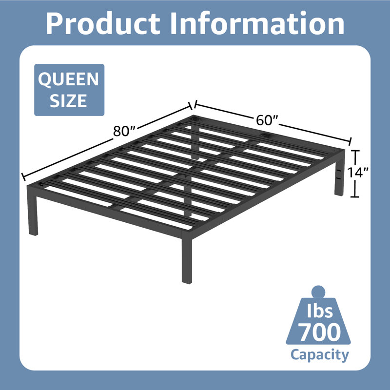 Witherington 14'' Heavy Duty Bed Frame, Noise Free, Strengthen Frame & Slats, Queen, Black