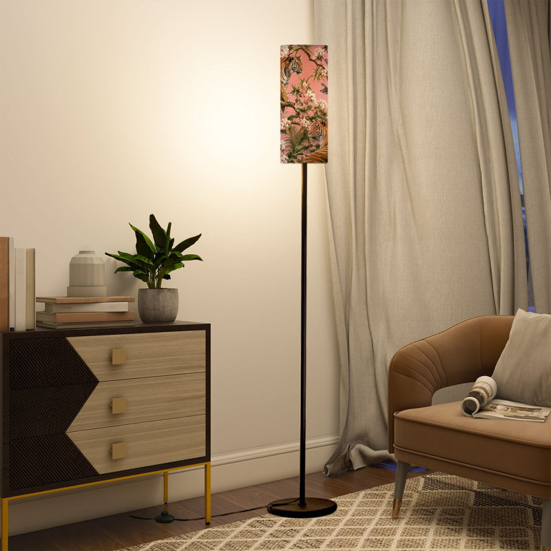  Lampe sur pied 68,5 "Tigers botaniques rétro rose avec poteau en métal à intensité variable avec abat-jour en lin, ampoule DEL incluse