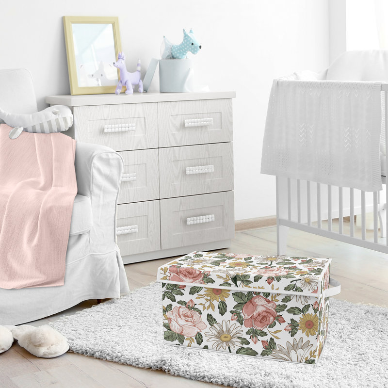 Blush Pink and Green Floral Fabric Toy Bin with Lid