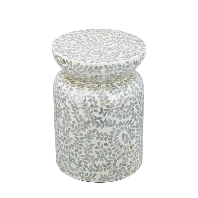 D14x20" Round Bamboo Accent Table With White Capiz Shell Design