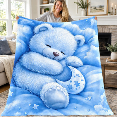1pc Blue Teddy Bear Cloud Moon Blanket, Cute Cartoon Sleepy Bear Flannel Throw, Super Soft Cozy Lightweight Warm Blanket for Sofa Couch Bed Living Roo