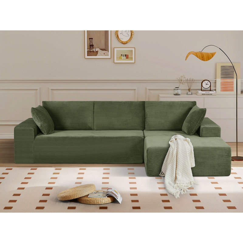 Boneless Compression 2 Piece Corduroy L Shaped Sectional Couches, Dark Green Polyester, Left Hand Facing