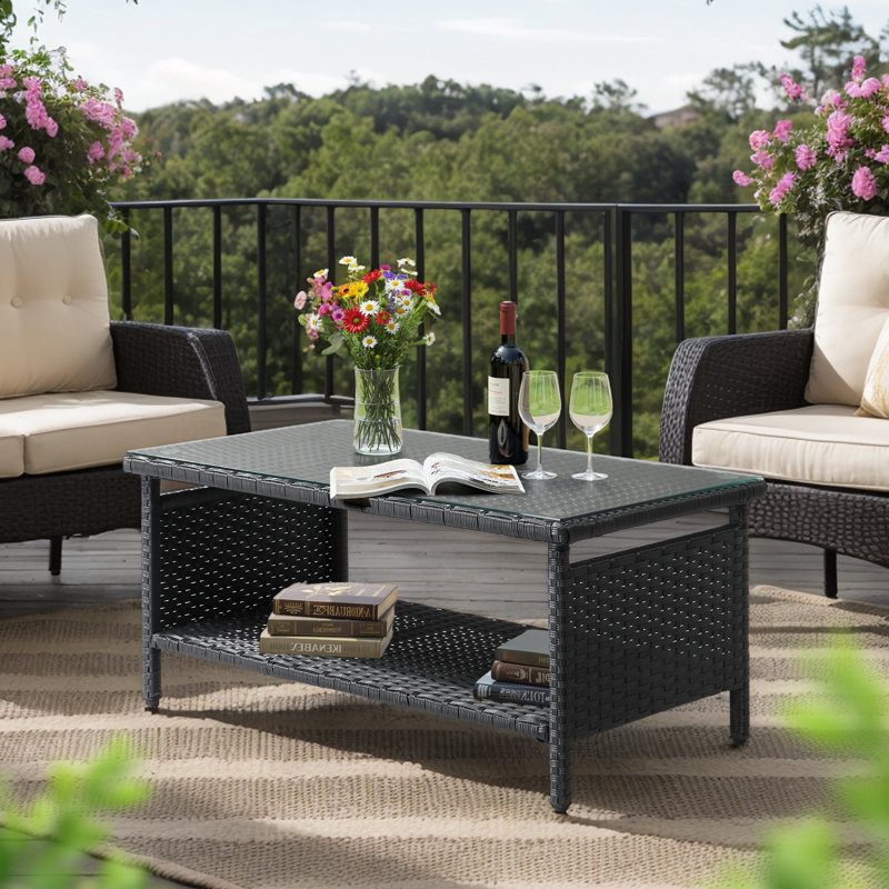 Table d'appoint de patio 16 po à double couche en osier noir, Noir