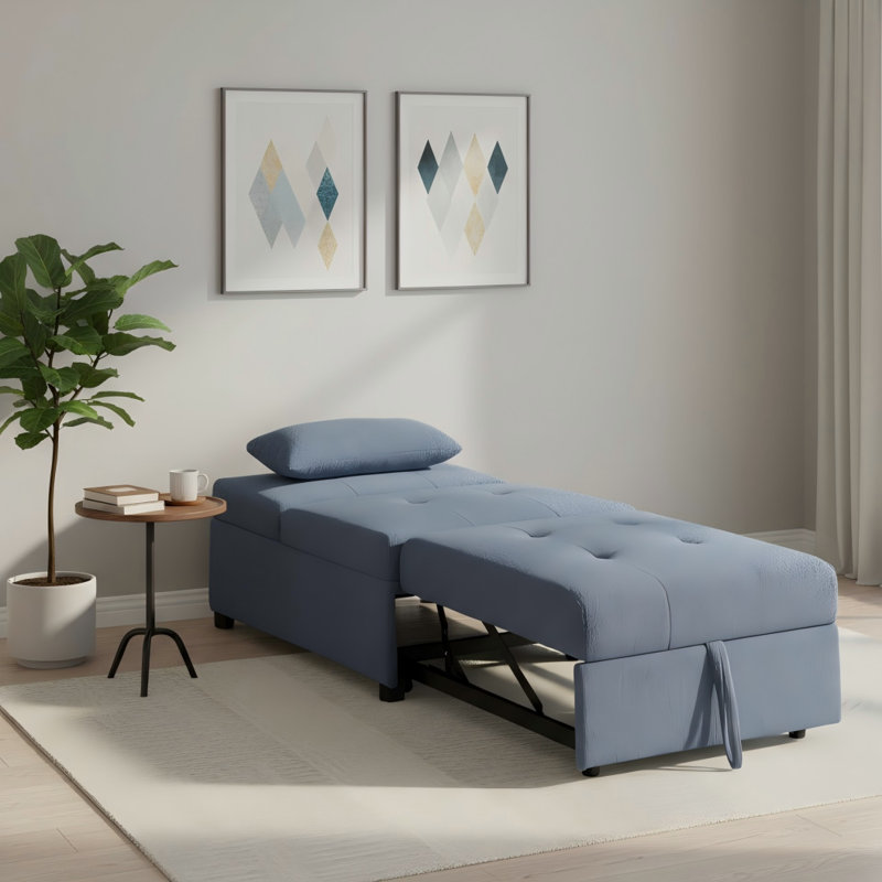 Canapé convertible en sherpa bleu-gris, de style moderne sans accoudoirs, de taille unique, permettant de passer facilement du mode assis au mode couché