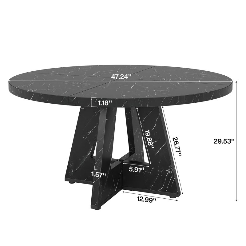 47.25" W Round Manufactured Wood Farmhouse Dining Table, Black Faux Marble