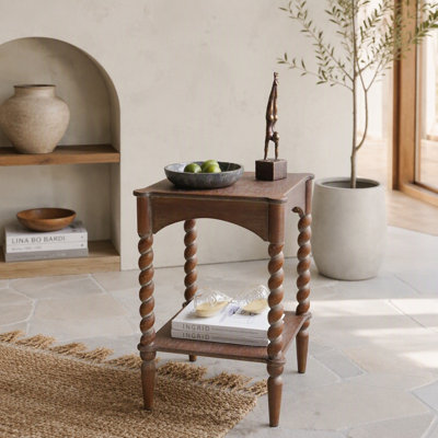 15.5x15.5x23.5" Distressed Brown Wood Side Table with Turned Spiral Legs and Lower Shelf