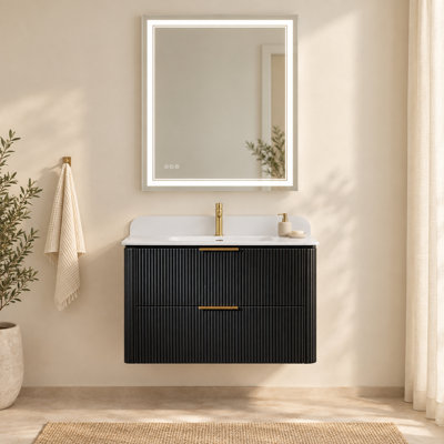 Ensemble meuble-lavabo suspendu noir de 76 cm avec lavabo intégré et miroir de courtoisie à DEL de 76 x 91 cm