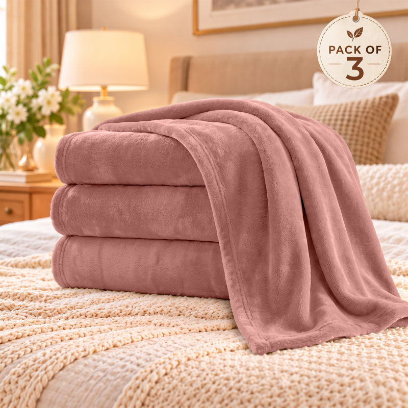 Oxford Plain Weave Plush Blanket – Soft Cozy Fleece Throw for Sofa & Bed (Pack of 3), Throw (Pack of 3), Pink