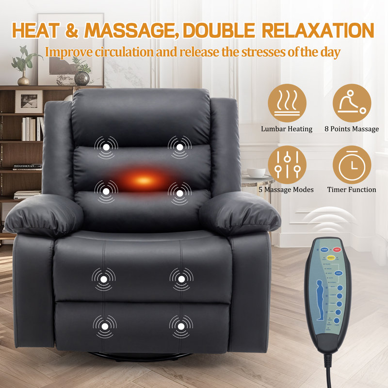 KORSER Recliner Chair With Heat And Massage,Oversized Recliner, 360°Swivel Manual Recliners For Living Room, Rocker Recliner With Side Pockets