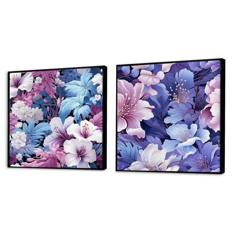 Tranquil Dreamscape - motif tropical - ensemble de 2 collages floraux carrés, Cadre flottant noir, H 16 po x l 33 po