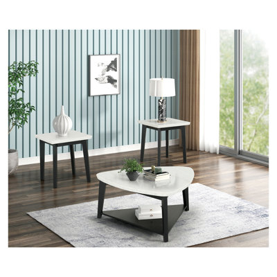 Ensemble de tables contemporaines 3 pièces avec dessus en marbre véritable, tables basses et tables d'appoint en bois d'ingénierie noir et blanc et en bois massif