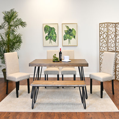 6-Piece Dining Set, Hairpin Dining Table with 4 Chairs and a Wood Bench